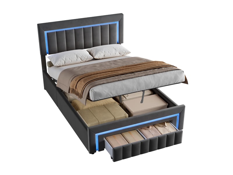  Lit coffre 2 places 140x190 cm avec 2 tiroirs et led, en velours gris  - Conforama A