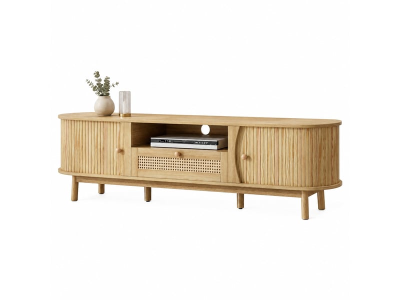  Meuble tv 165 x 37 x 46 cm en mdf avec portes coulissantes et tiroir en rotin naturel  - Conforama A