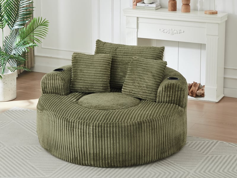  Canapé droit, fauteuil lounge rond en velours côtelé, dessous antidérapant, pour salon et chambre, 63 x 142 x 142 cm, vert  - Conforama B