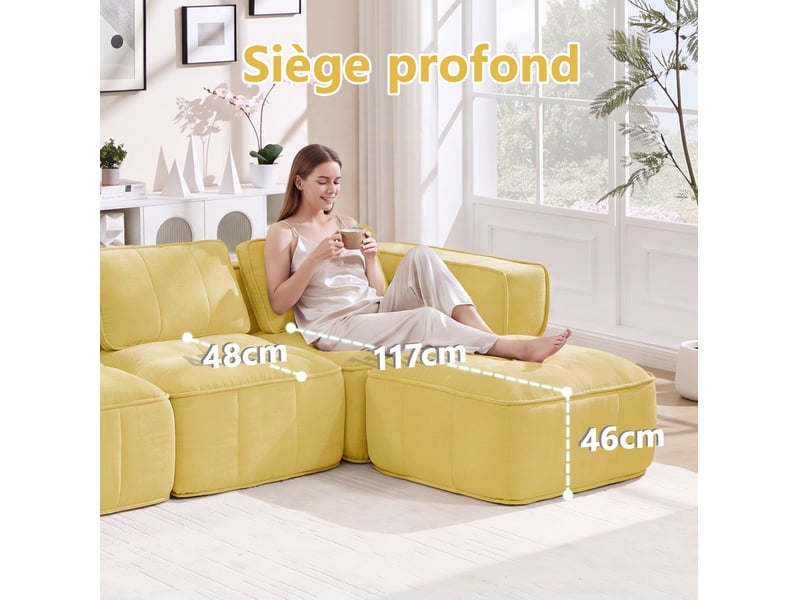  Canapé modulable 3 places sans structure en polyester jaune  - Conforama D
