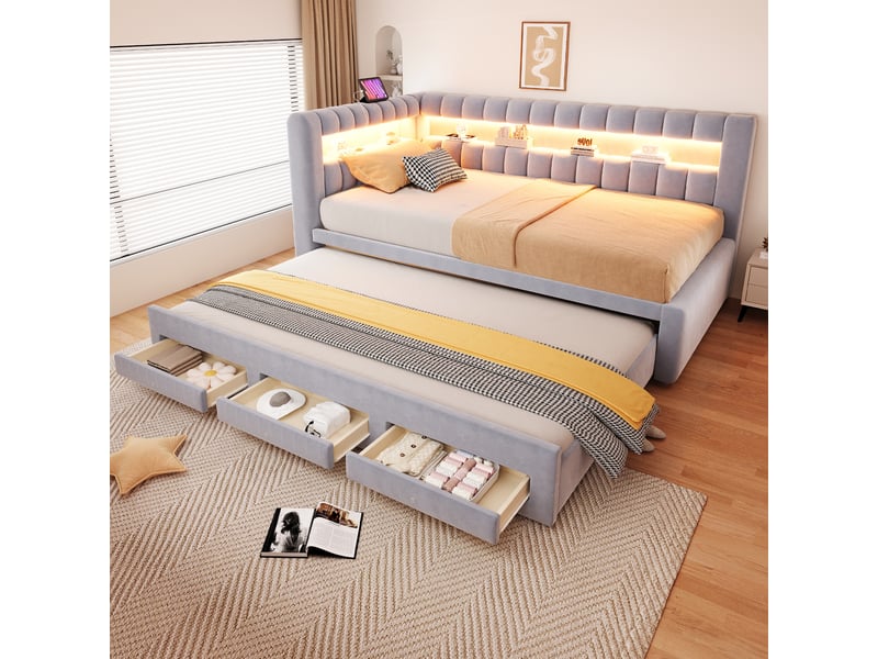  Canapé-lit 90 x 190 cm – avec lit gigogne – avec 3 tiroirs – avec éclairage led – avec port de charge usb – gris clair (matelas non inclus)  - Conforama D