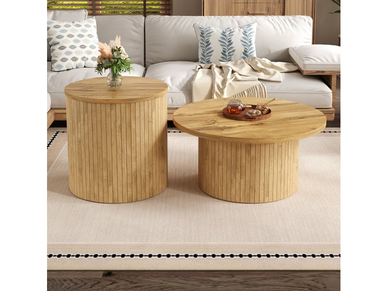 Lot de 2 tables basses rondes en mdf, finition bois naturel - Conforama D
