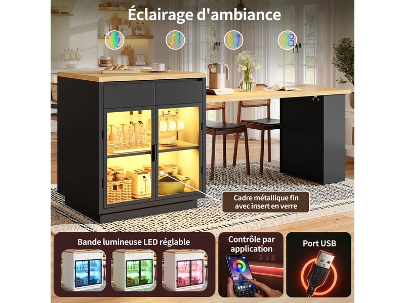  Îlot de cuisine extensible 122–194,5 x 70 x 94 cm, rgb led, vitrine en verre, 2 tiroirs et rangements pour 2 à 6 personnes, noir  - Conforama E