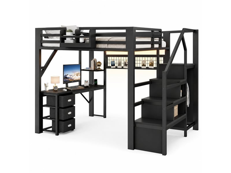 Lit mezzanine 140 × 200 cm 2 places avec bureau, 3 tiroirs, armoire, led et sans matelas, noir - Conforama A