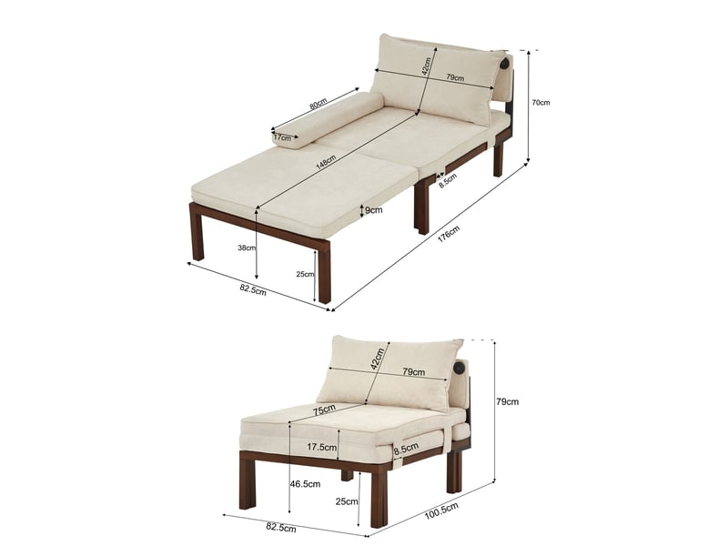  Fauteuil convertible pliable 1 place avec couchage et ports usb et type-c, en velours beige  - Conforama C