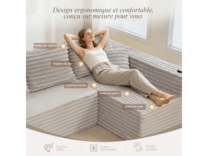  Canapé modulable en velours côtelé gris clair 320x155x88 cm, forme u, porte-gobelets, poches latérales, salon séjour 320x155x88cm - Conforama D