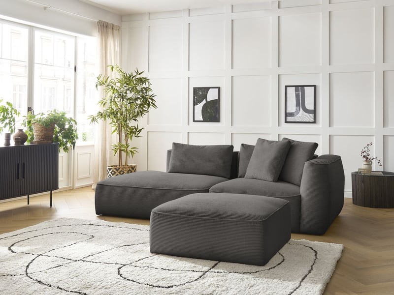  Bobochic canapé droit fixe 3 places leopold velours côtelé avec pouf taupe  accoudoir droit LEOPOLD - Conforama D
