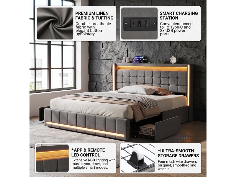  Dreammespace lit double queen size 160x200 cm avec 4 tiroirs et prises usb type-c cadre led sommier à lattes tissu lin gris foncé DreamMespace - Conforama D