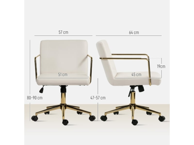  Chaise de bureau à roulettes, base métal doré, tissu aspect velours, crème, confortable  - Conforama C