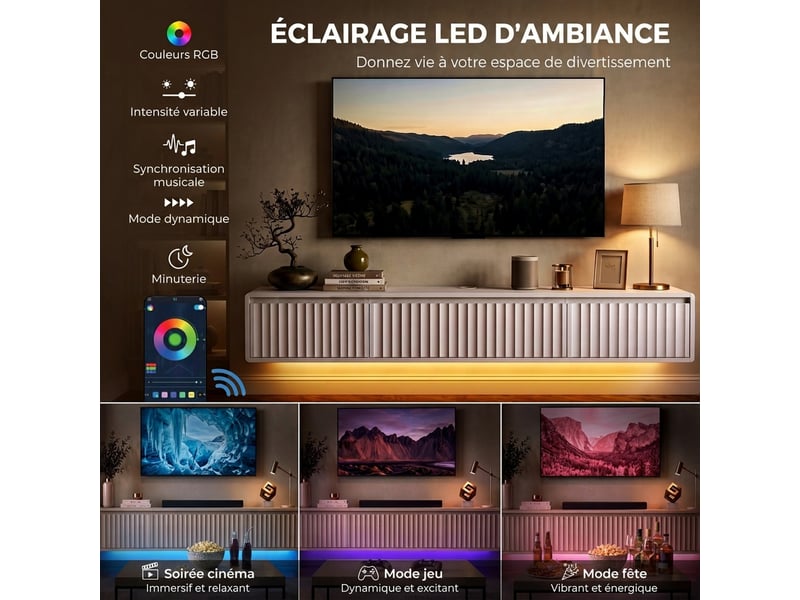  Meuble tv suspendu flottant 160 cm avec éclairage led et prises, blanc, meuble télé pour téléviseur 72 pouces  - Conforama R