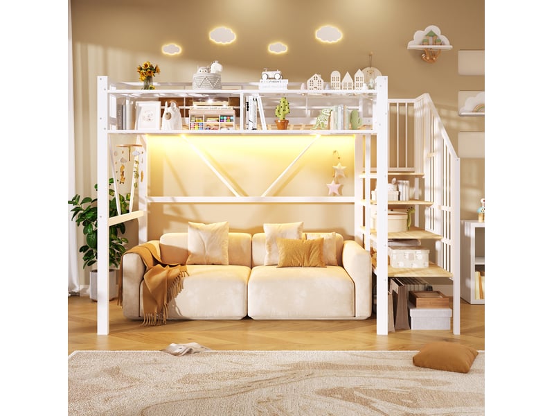 Lit mezzanine 90 × 200 cm avec échelle-étagère, rangement ouvert et bande led en métal et mdf blanc - Conforama D