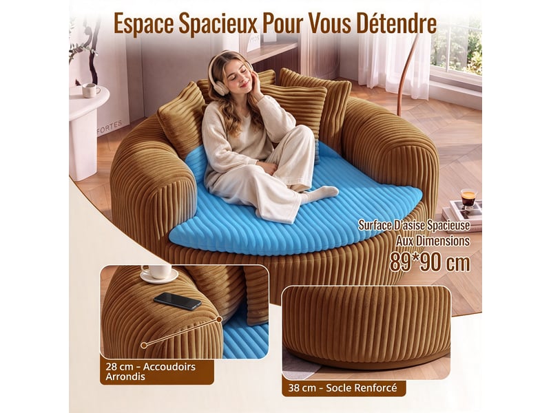  Fauteuil lounge 1 place 145 x 133 x 59 cm en velours côtelé marron, avec assise profonde, accoudoirs et 5 coussins DJ-W3463P5032758-ZMS - Conforama D