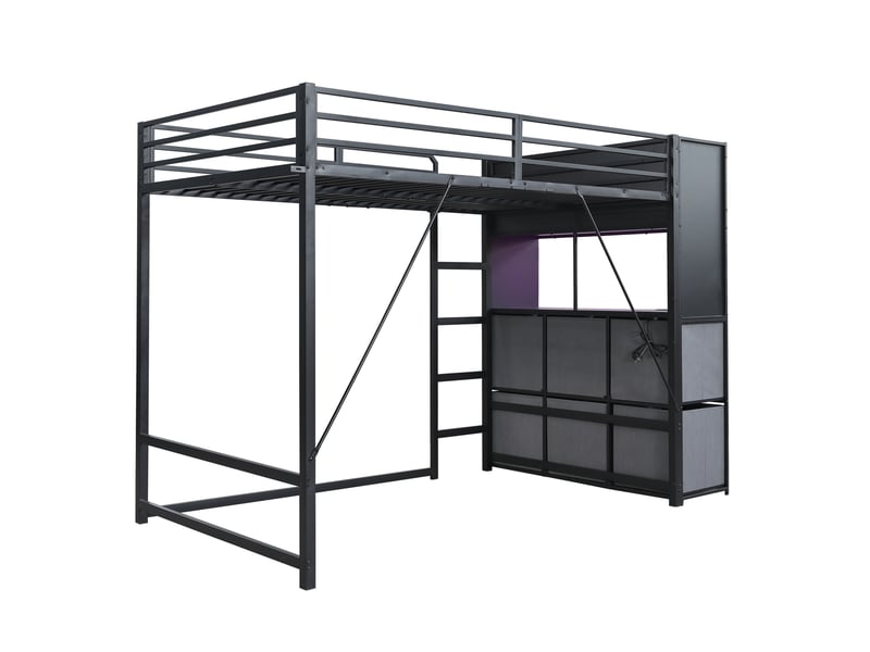  Lit mezzanine 120x200 cm noir et gris en métal et bois avec rangements, éclairage et station de charge  - Conforama D