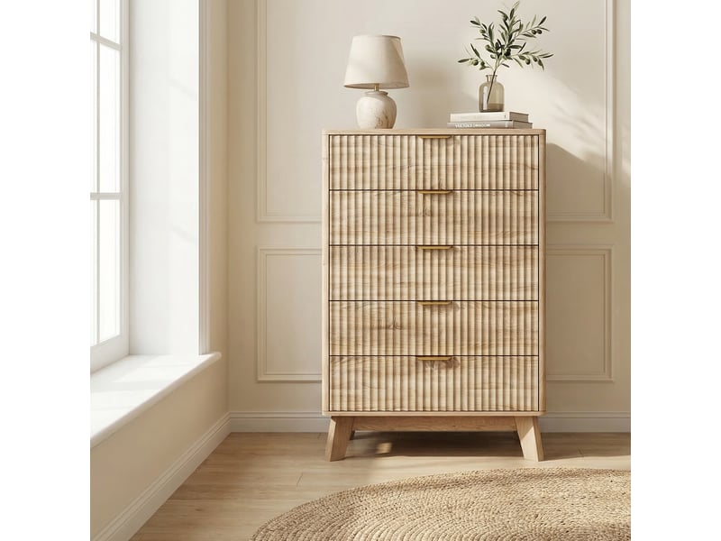  Commode chambre 5 tiroirs, commode bois, meuble de rangement, 73x40x108 cm, grande capacité et anti-basculement, chêne clair  - Conforama B