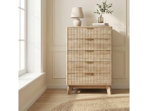Commode chambre 5 tiroirs, commode bois, meuble de rangement, 73x40x108 cm, grande capacité et anti-basculement, chêne clair