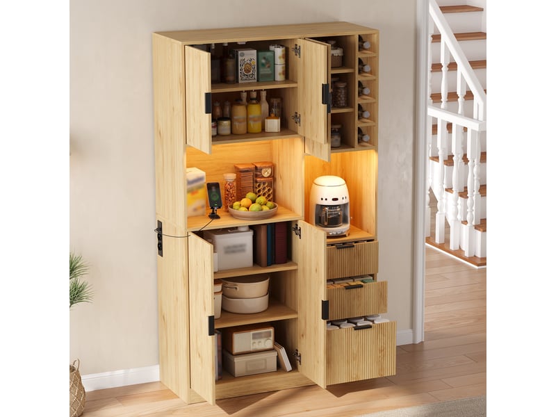 Buffet - 105x40x180 cm - meuble de rangement avec station de charge, éclairage led connecté, tiroirs et casier à vin - naturel - Conforama B