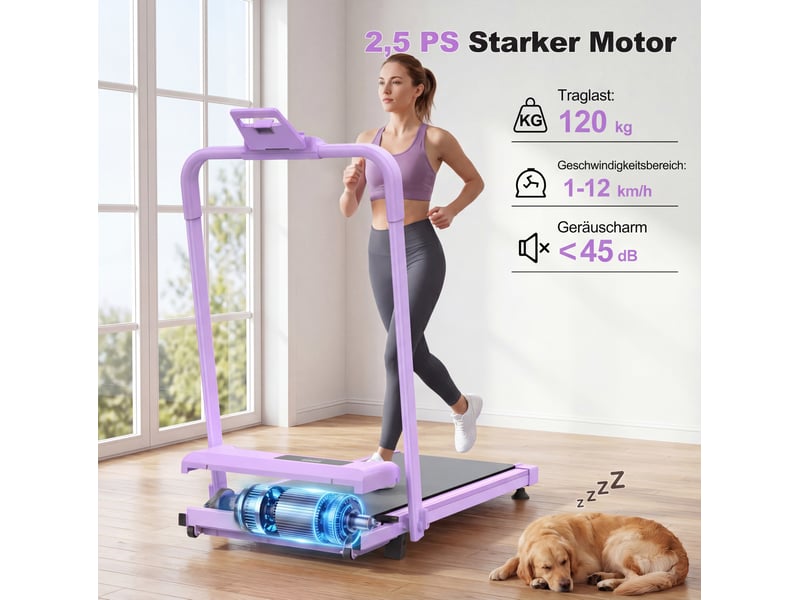  Tapis de course pliable 114 x 60 x 98,5 cm violet en acier, 3 en 1 marche, poste de travail et course  - Conforama B