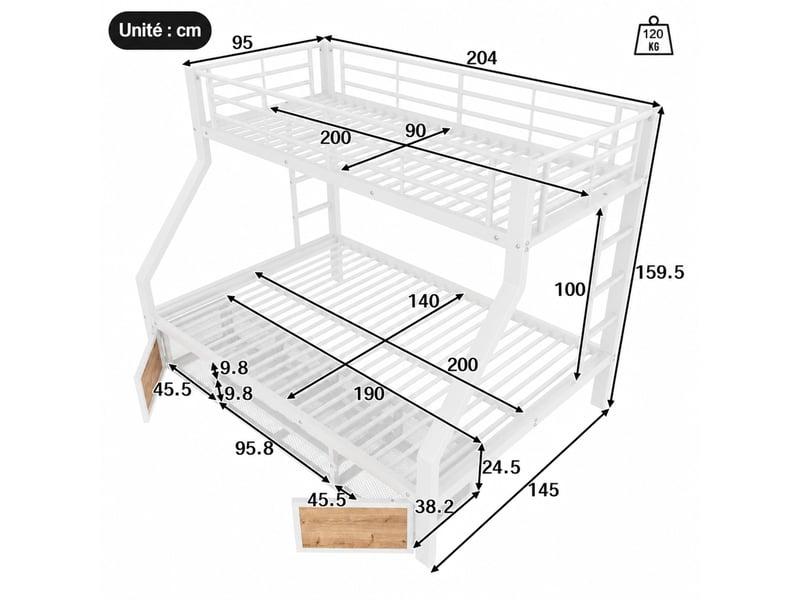  Lit superposé lit 3 places avec meuble à chaussures et 2 casiers, 200 x 90 cm et 200 x 140 cm, sans matelas  - Conforama D