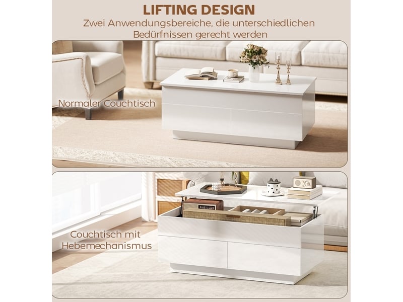  Table basse relevable avec rangement caché et 2 tiroirs, plateau à gaz pour salon, blanc brillant 102 × 48 × 40 cm  - Conforama D