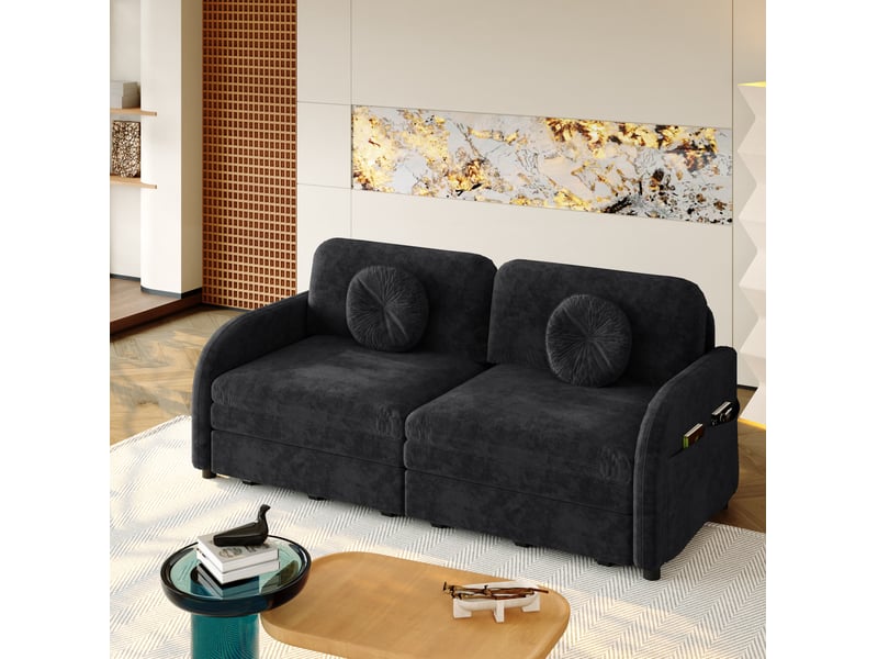  Canapé droit convertible 2 places 3-en-1 en velours côtelé noir avec poches latérales, idéal pour petits espaces  - Conforama E