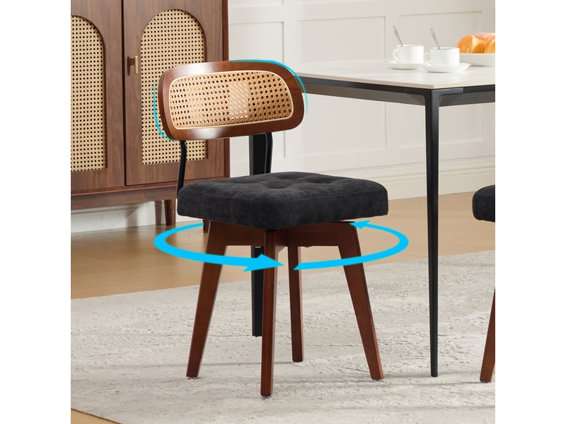  Chaises pivotantes 360° lot de 2, chaises de cuisine style mid-century moderne, dossier tressé, assise rembourrée, pour coin repas, noir chenille  - Conforama D