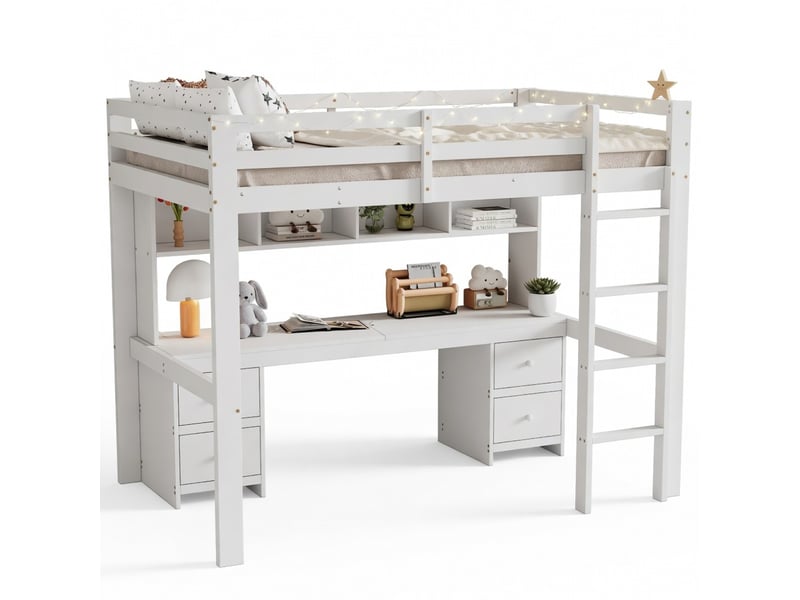  Lit mezzanine 90x200 cm blanc, lit en haut, bureau en bas, avec rangement, rambarde haute et échelle stable  - Conforama A