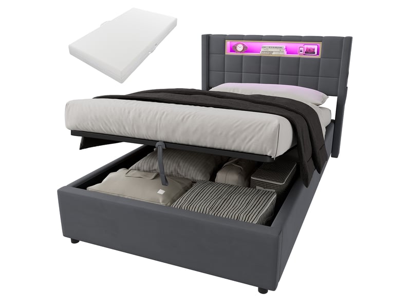  Lit pour enfant 90 × 200 cm 1 place avec matelas et fonction de recharge, lit rembourré avec compartiments ouverts et éclairage led, lit avec coffre de rangement, gris  - Conforama A