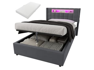 Lit pour enfant 90 × 200 cm 1 place avec matelas et fonction de recharge, lit rembourré avec compartiments ouverts et éclairage led, lit avec coffre de rangement, gris