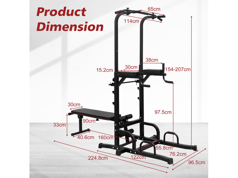 Tour de musculation multifonction avec barre de traction et banc, hauteur réglable 154 à 207 cm, noire - Conforama C