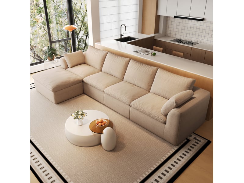 Canapé d’angle 5 places en tissu de lin kaki, 310x155x83 cm - Conforama W