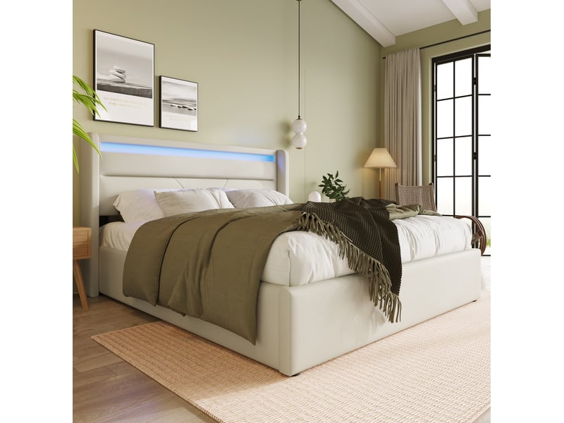  Lit coffre hydraulique 160 x 200 cm blanc en pu avec éclairage led  - Conforama D