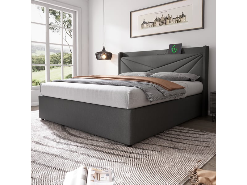  Lit double 140x200 cm en lin avec rangement et coffre, tête de lit avec chargeur usb, sommier inclus, sans matelas  - Conforama B