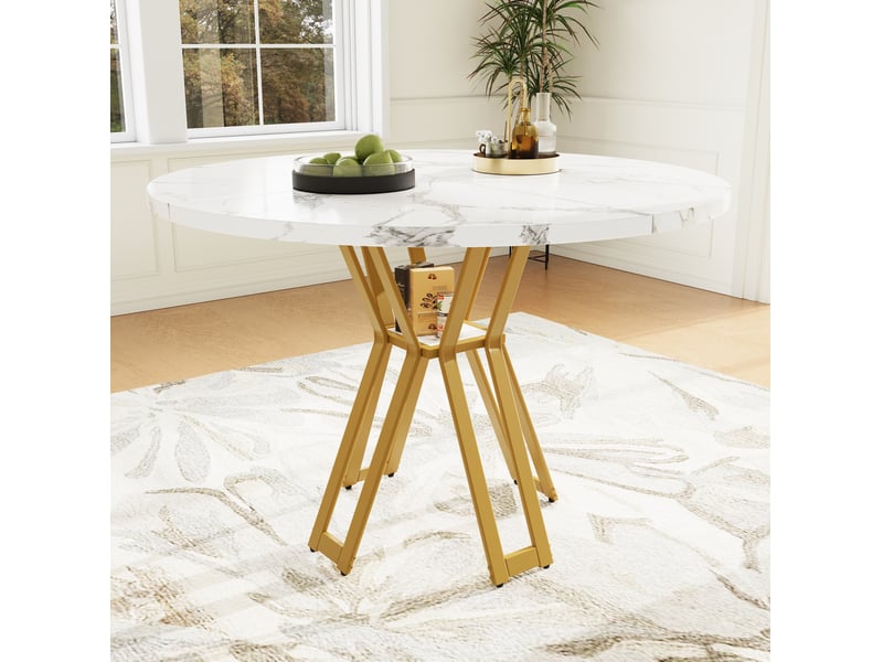  Table à manger ronde 100 x 100 x 76 cm, plateau mdf effet marbre, blanc et doré  - Conforama B