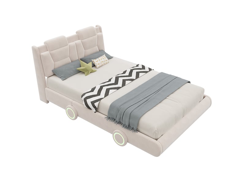 Lit 2 places enfant voiture 140x200 cm en flanelle beige crème avec roues lumineuses - Conforama A