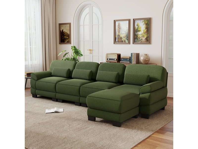 Canapé d’angle 4 places en l, structure renforcée, avec 1 pouf, assise confortable et profonde, combinaison modulaire libre, 336 × 161 × 94 cm, vert - Conforama D