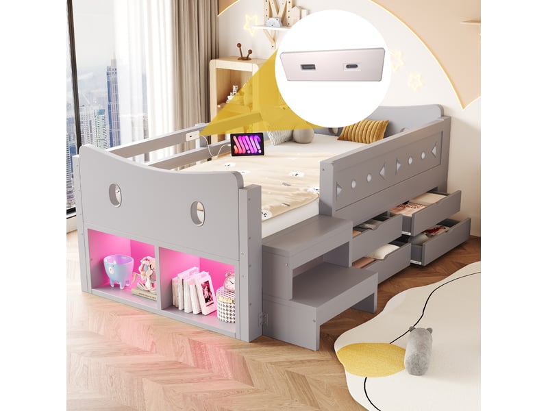 Lit enfant tcqpz 90 x 200 cm avec rangements, tiroirs, led, usb et type-c gris - Conforama B