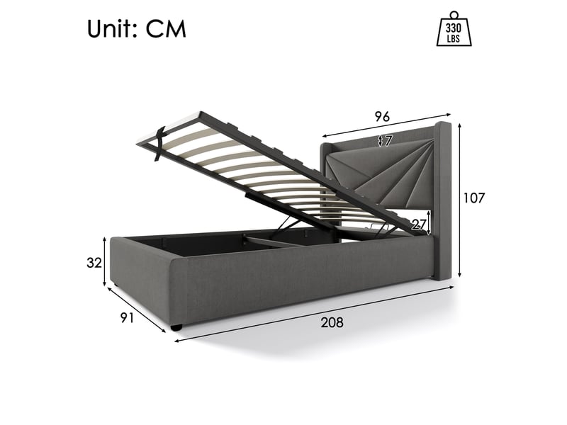  Lit coffre enfant 90x200 cm, espace de rangement, usb type-c et sommier, coton-lin gris, matelas inclus  - Conforama C
