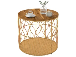 Table d'appoint ø50 cm, table de jardin résistante aux intempéries aspect rotin, plateau en bois d'acacia, pieds réglables, teck