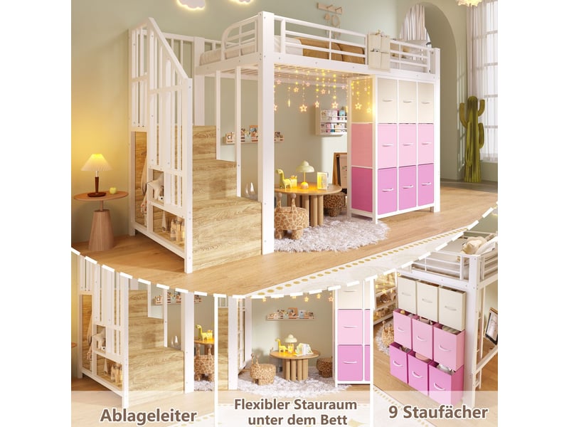  Lit mezzanine 90 x 200 cm tiroirs barre de penderie garde-corps escalier rangement métal blanc  - Conforama E
