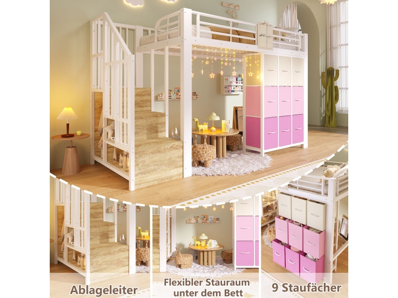  Lit mezzanine 90 x 200 cm tiroirs barre de penderie garde-corps escalier rangement métal blanc  - Conforama E