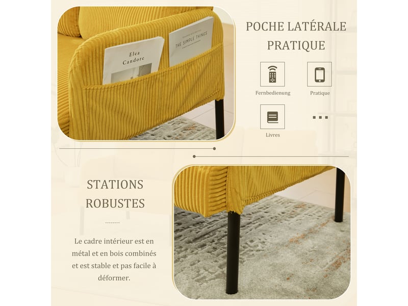  Canapé droit fixe 3 places en velours côtelé jaune 171 x 72 x 80 cm avec poches latérales, salon bureau chambre 171x72x80cm - Conforama R