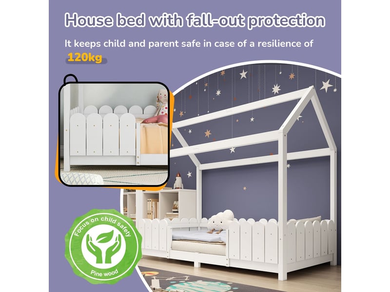  Lit cabane enfant 90x200cm - blanc pin massif barrière anti-chute - lit enfant - design montessori au sol sommier inclus  - Conforama E