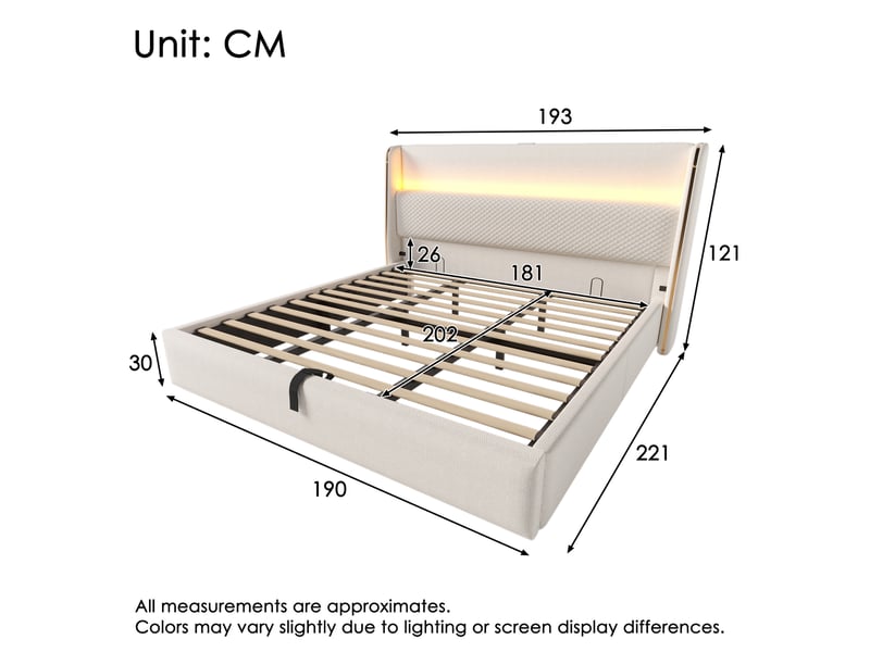  Lit hydraulique led tête de lit haute lin beige 180x200 cm rangement usb-c avec matelas  - Conforama C
