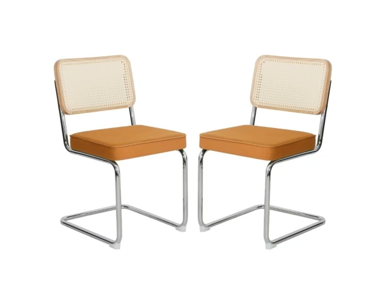  Ensemble 2 chaises de salle à manger velours et rotin, pieds chromés, style mid-century breuer, assises tapissées  - Conforama A
