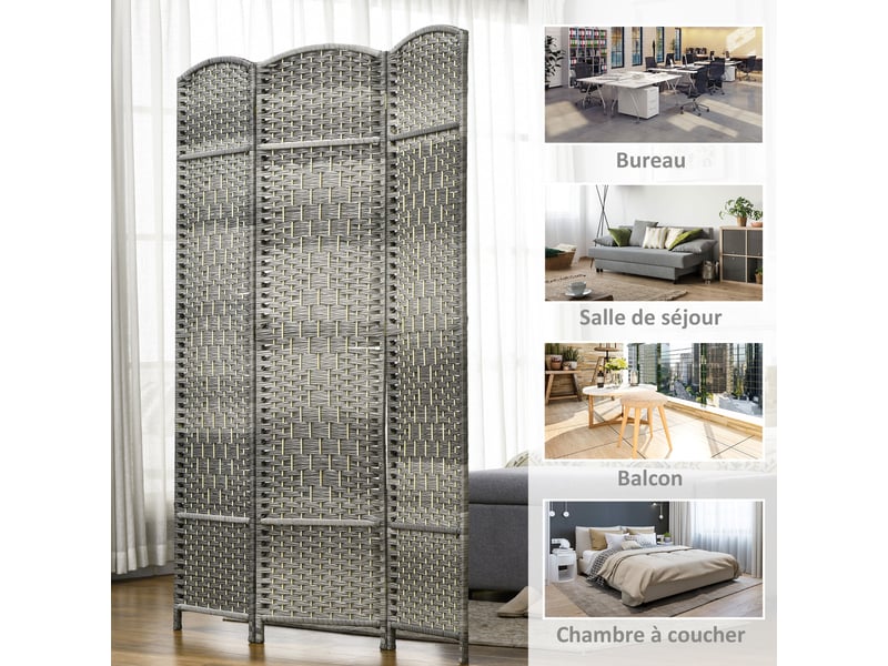  Paravent intérieur en bois 3 panneaux séparateur de pièce pliable pour salon chambre gris 135 x 180 cm  - Conforama W