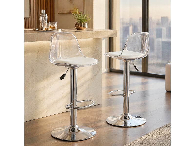  Tabouret de bar pivotant réglable avec dossier ergonomique et repose-pieds, en métal et plastique, blanc et argent  - Conforama B