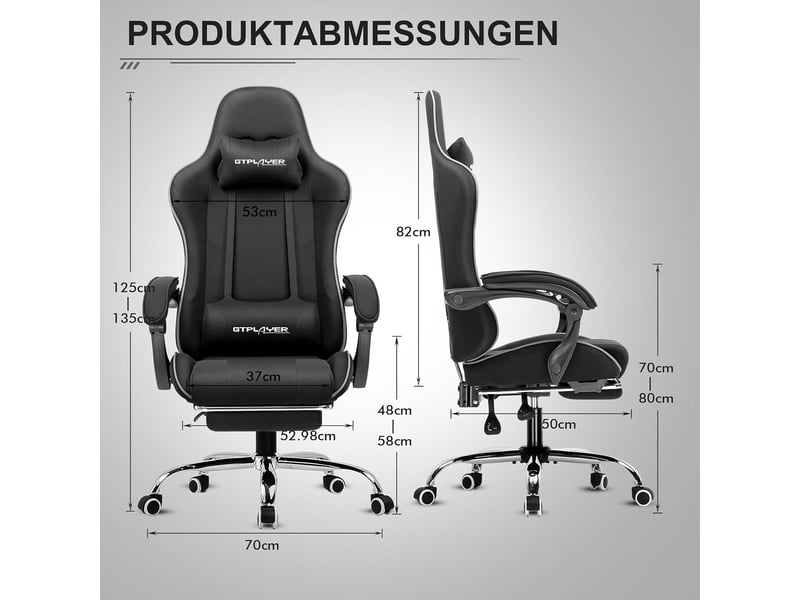  Gtplayer chaise de jeu ergonomique avec repose-pieds, réglable en hauteur - tissu noir GT800A-BLK-FA - Conforama C