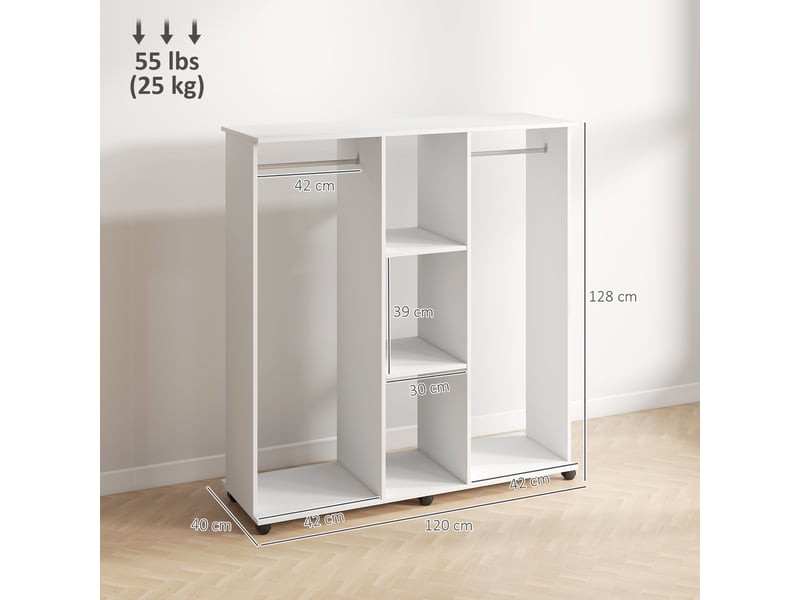  Armoire penderie meuble de rangement mobile 6 roulettes 120 x 40 x 128 cm en bois blanc  - Conforama D