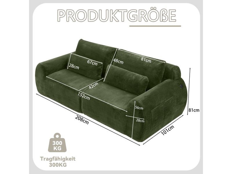 Canapé 2 places 208x101x81 cm vert en mousse, ports usb et poche latérale, design moderne - Conforama C