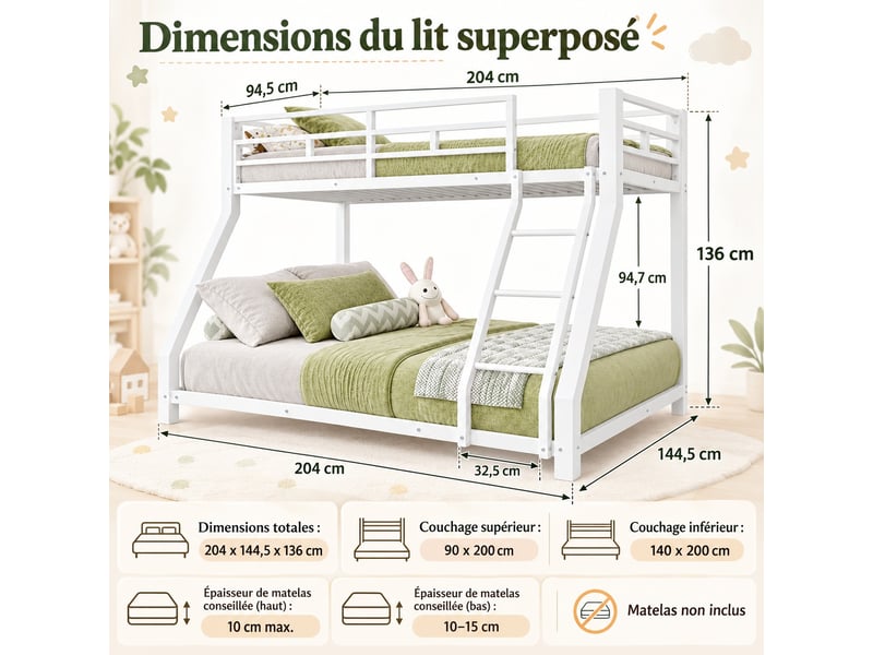  Lit superposé enfant 90140 × 200 cm en métal blanc avec échelle, garde-corps et sommier, conforme en 747, sans matelas  - Conforama C